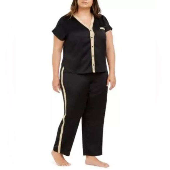 INC International Concepts Other - INC Metallic Tuxedo Stripe Satin Pajamas Set in Deep Black, Plus Size 3X NWT
